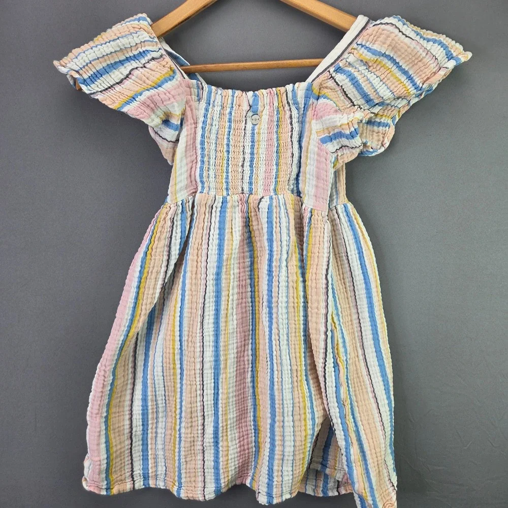 Roxy Girl Striped Gauze Dress M 10/12 Pink Blue Yellow Boho Smocked Summer Beach